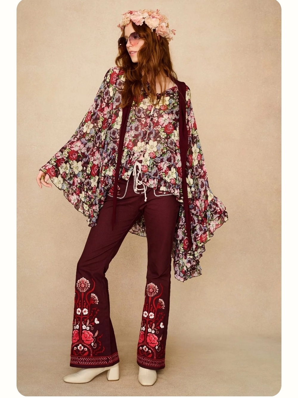 The Hippie Shake Camellia Floral Cape Top Burgundy & Multicolor M/L